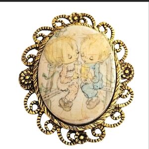 Vintage Precious Moments Cameo Pin Brooch with Adorable Children